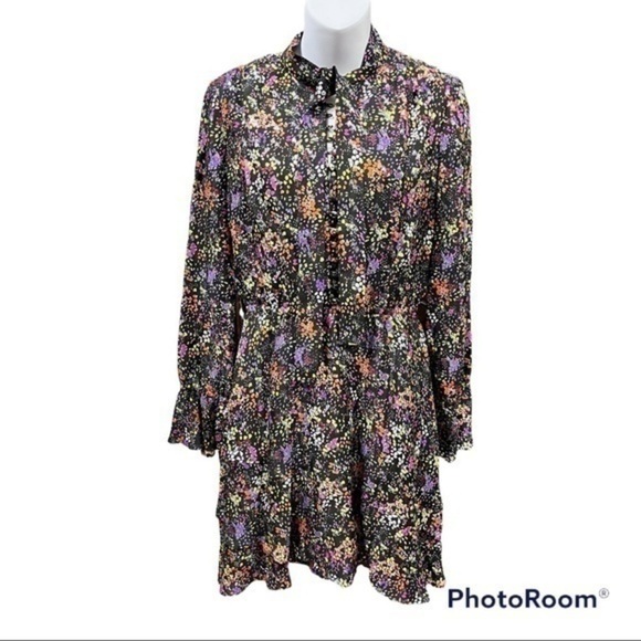 Derek Lam 10 Crosby Floral Silk Tie-Neck Ruffle-Hem  Dress Black Multi 4 NEW - Picture 6 of 15